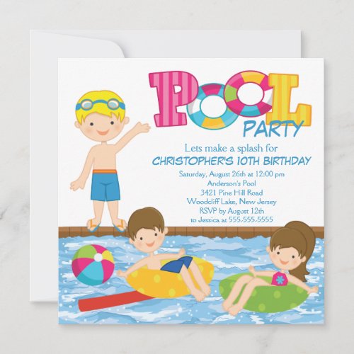 Blonde Boy Birthday Summer Pool Party Invitation