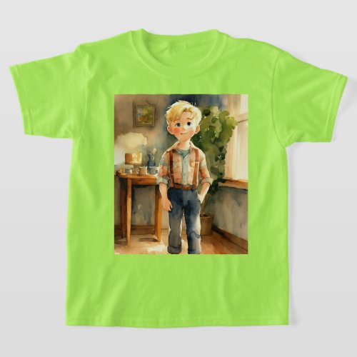 Blonde Boy Charm Watercolour Portrait T_shirt