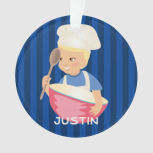 Blonde boy chef hat mixing bowl personalized ornament