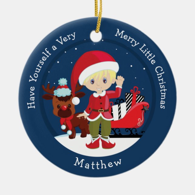 Blonde Boy Elf Ceramic Ornament (Front)