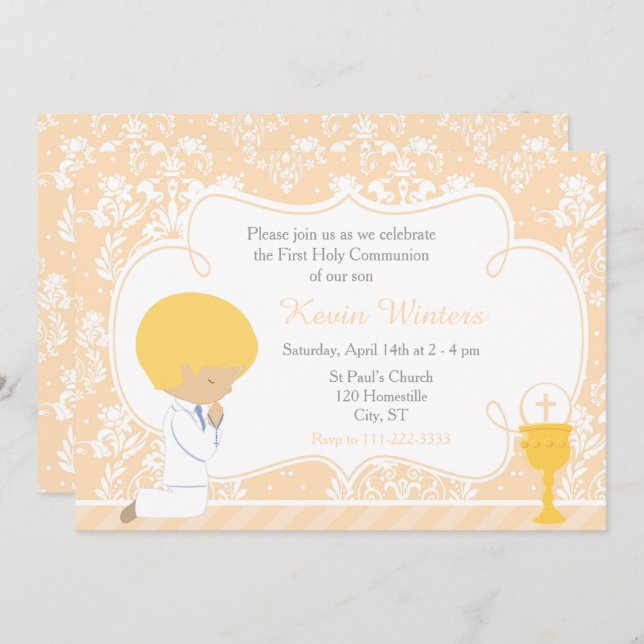 Blonde Boy First Communion Damask Invitation (Front/Back)