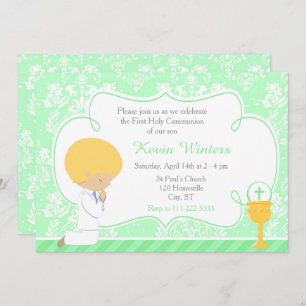 Blonde Boy First Communion Damask Invitation