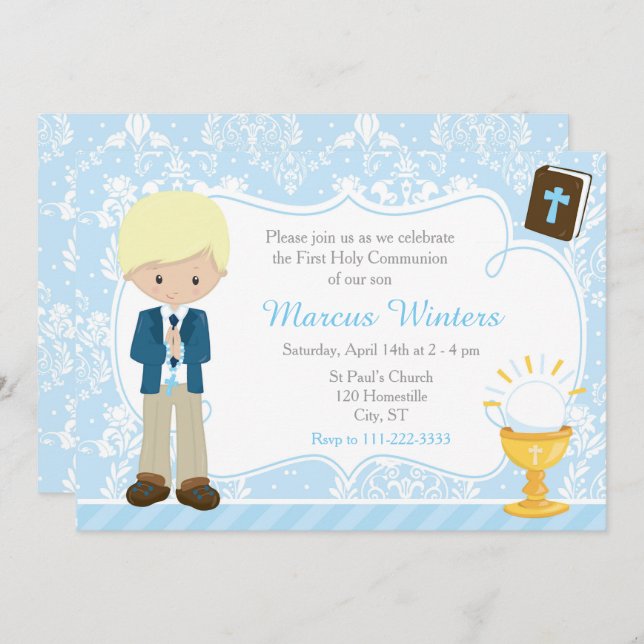 Blonde Boy First Communion Damask Invitation (Front/Back)