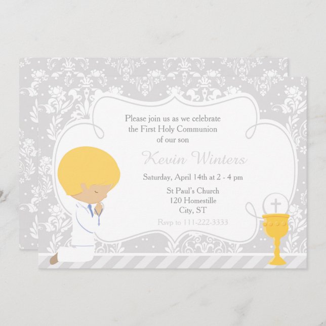 Blonde Boy First Communion Damask Invitation (Front/Back)