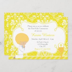 Blonde Boy First Communion Damask Invitation