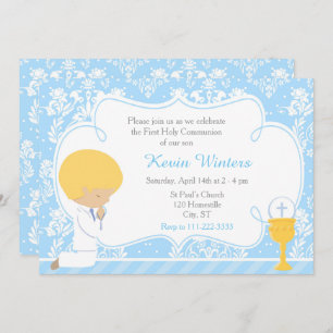 Blonde Boy First Communion Damask Invitation