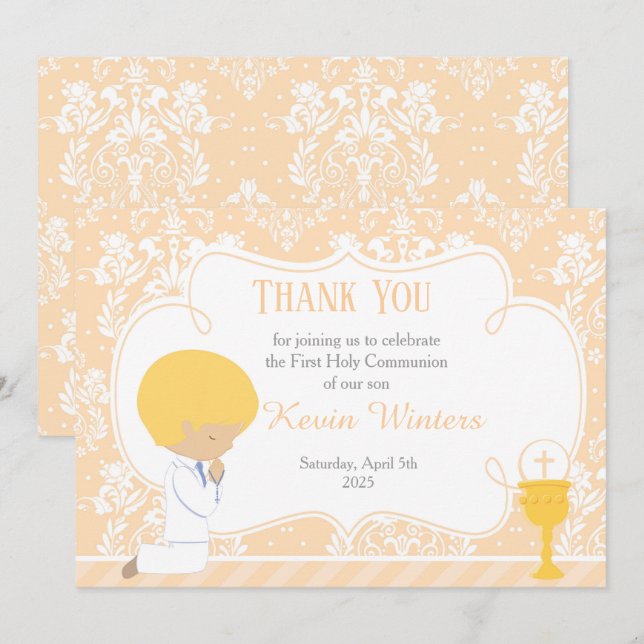 Blonde Boy First Communion Damask Thank You Card (Front/Back)