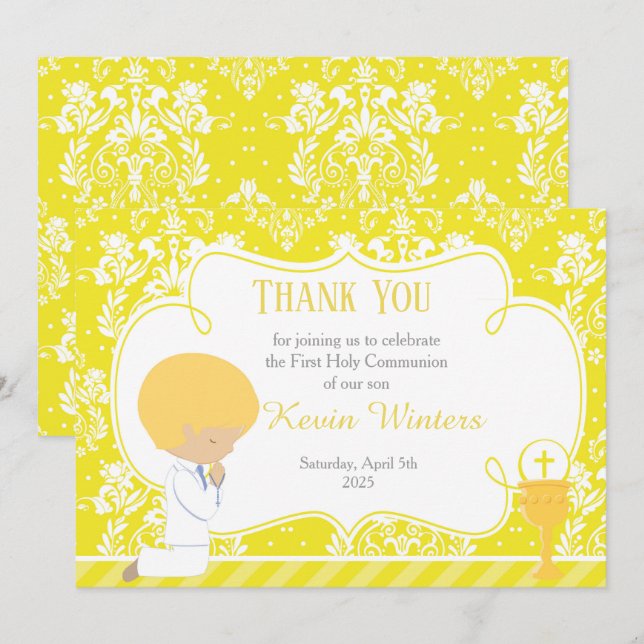 Blonde Boy First Communion Damask Thank You Card (Front/Back)