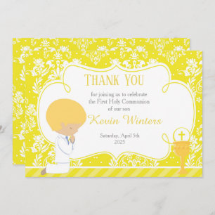 Blonde Boy First Communion Damask Thank You Card