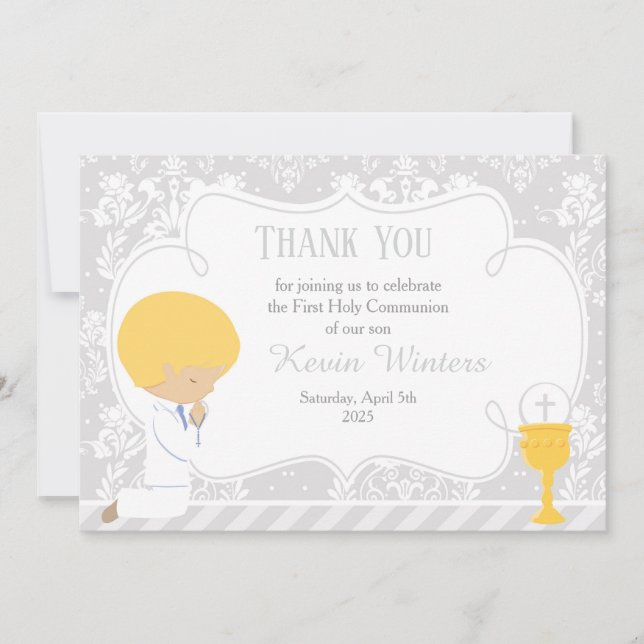 Blonde Boy First Communion Damask Thank You Card (Front)