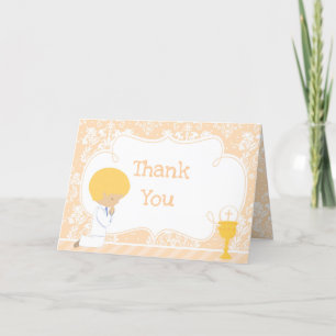 Blonde Boy First Communion Damask  'Thank You' Letterpress Thank You Card