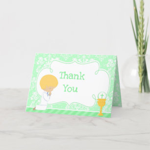 Blonde Boy First Communion Damask  'Thank You' Thank You Card