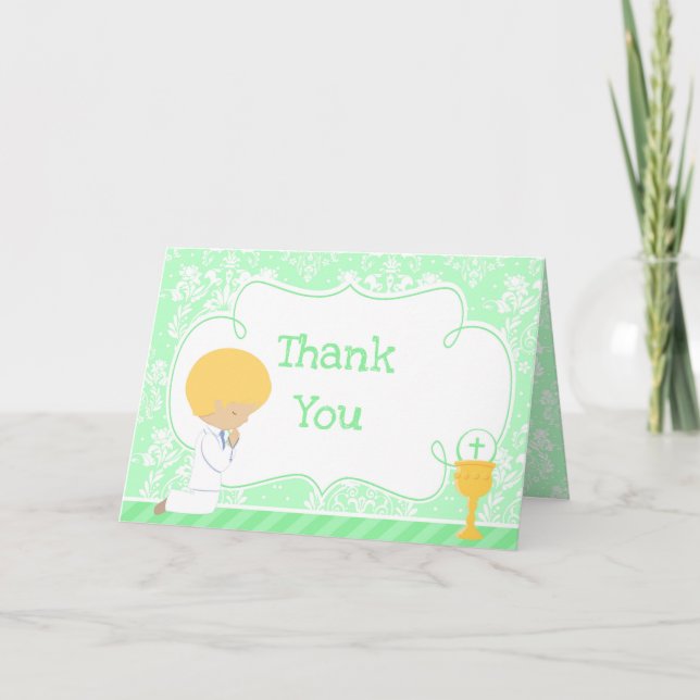 Blonde Boy First Communion Damask  'Thank You' Thank You Card (Front)