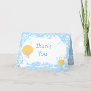 Blonde Boy First Communion Damask  'Thank You' Thank You Card