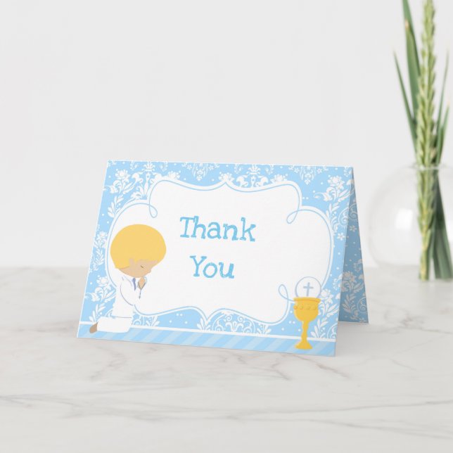 Blonde Boy First Communion Damask  'Thank You' Thank You Card (Front)