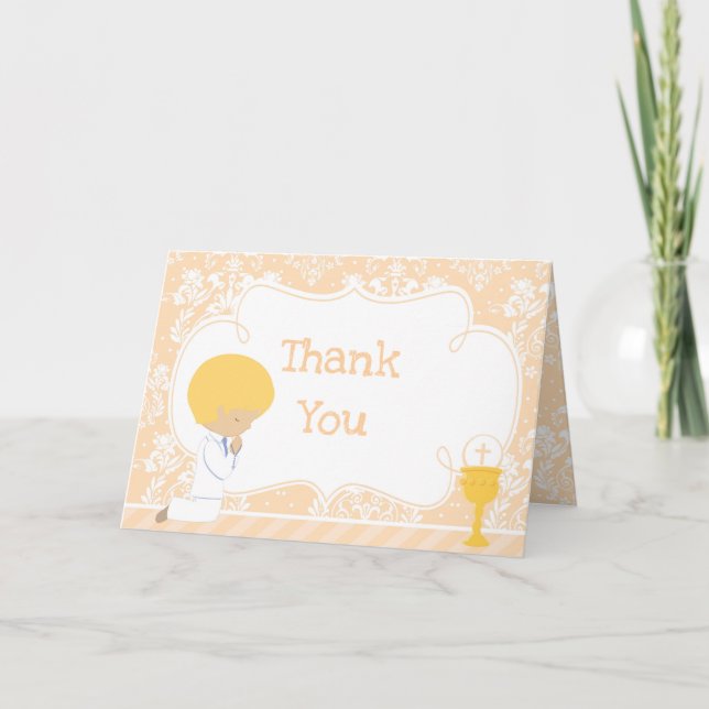 Blonde Boy First Communion Damask  'Thank You' Thank You Card (Front)