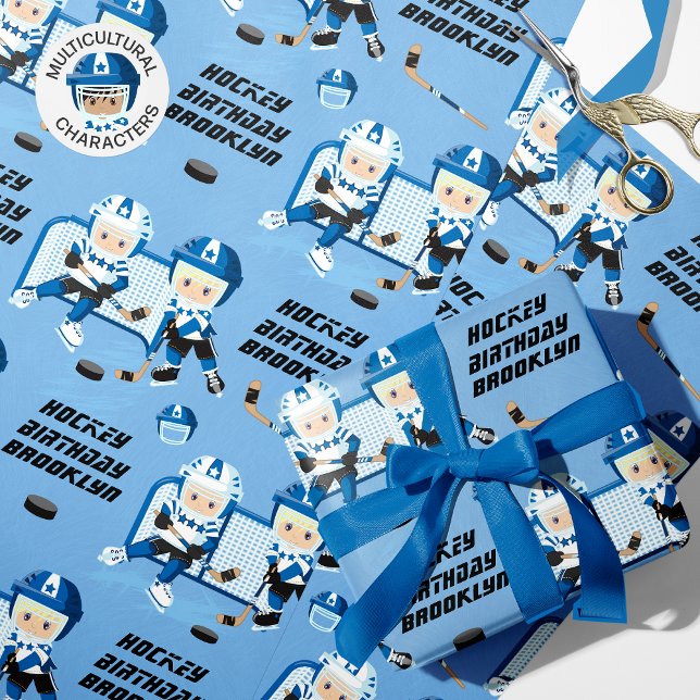 Blonde Boy Hockey Birthday Personalized Wrapping Paper (Creator Uploaded)