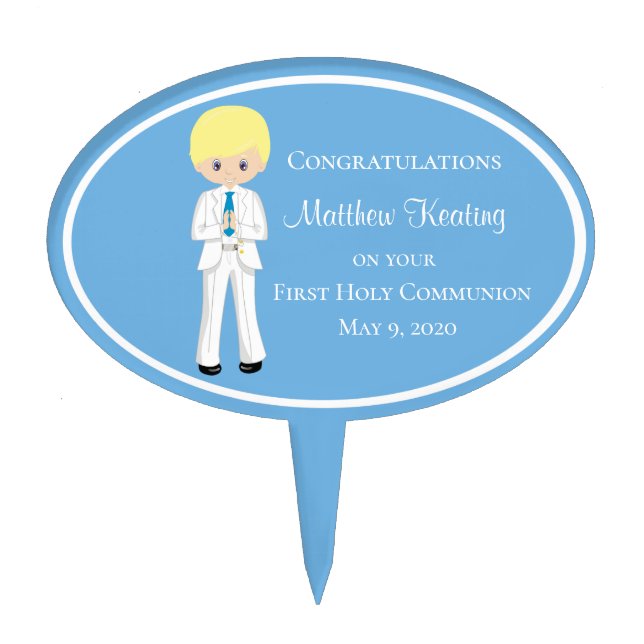 Blonde Boy Personalized First Holy Communion Cake Topper (Front)