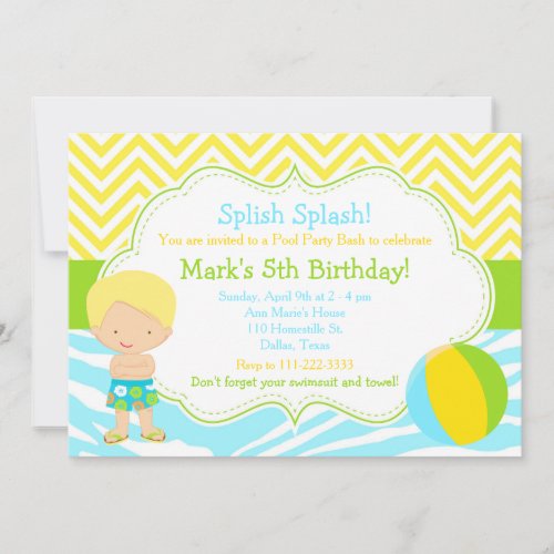 Blonde Boy Pool Party Bash Party Invitation