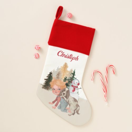 Blonde boy puppy snowman trees custom name christmas stocking