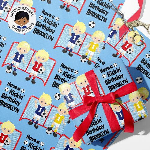 Blonde Boy Soccer Birthday Personalized Wrapping Paper