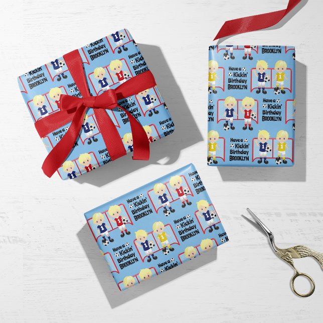 Blonde Boy Soccer Personalized Wrapping Paper Sheets (Creator Uploaded)