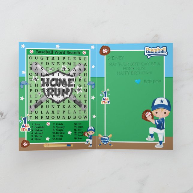 Blonde Boys Baseball Word Search Happy Birthday Card (Inside)