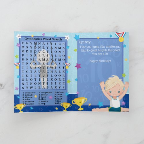 Blonde Boys Gymnastics Word Search Happy Birthday Card