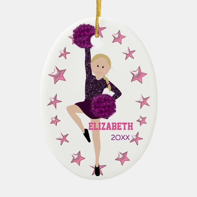 Blonde Braid Pom Squad Personalized Keepsake Ceramic Ornament (Front)