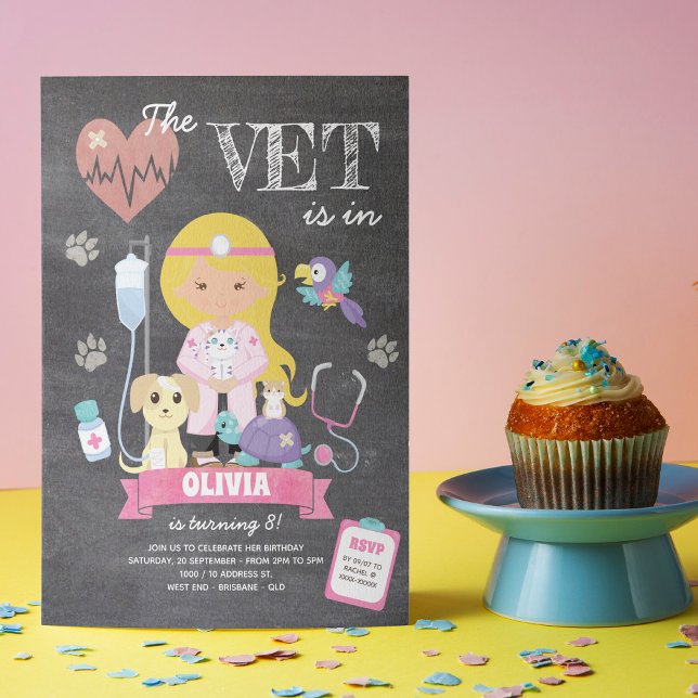 Blonde Brown Eyes Chalkboard Vet Birthday Party Invitation (This girl’s vet birthday invitation is just the right medicine to your celebration!)