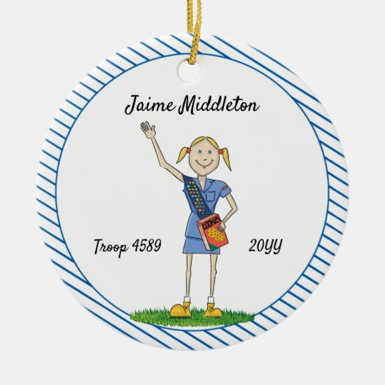 Blonde Cadette Girl Scouting Blue Stripe Ceramic Ornament