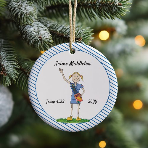 Blonde Cadette Girl Scouting Blue Stripe Ceramic Ornament