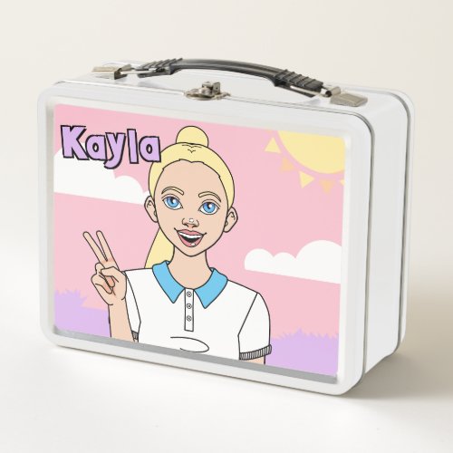 Blonde Cartoon Girl Pastel Pink School Student Metal Lunch Box