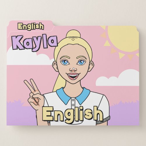 Blonde Cartoon Girl Pink School Student Subject File Folder