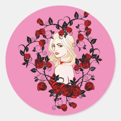 Blonde cartoon Pinup Girl Red Dress and roses Classic Round Sticker
