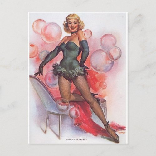 Blonde Champagne Vintage pin up girl art  postcard