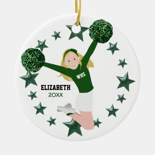 Blonde Cheer Green  White Pom Poms Ceramic Ornament