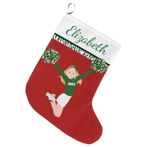 Blonde Cheerleader In Green And White Large Christmas Stocking