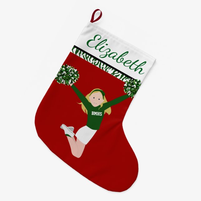 Blonde Cheerleader In Green And White Large Christmas Stocking (Front (Hanging))