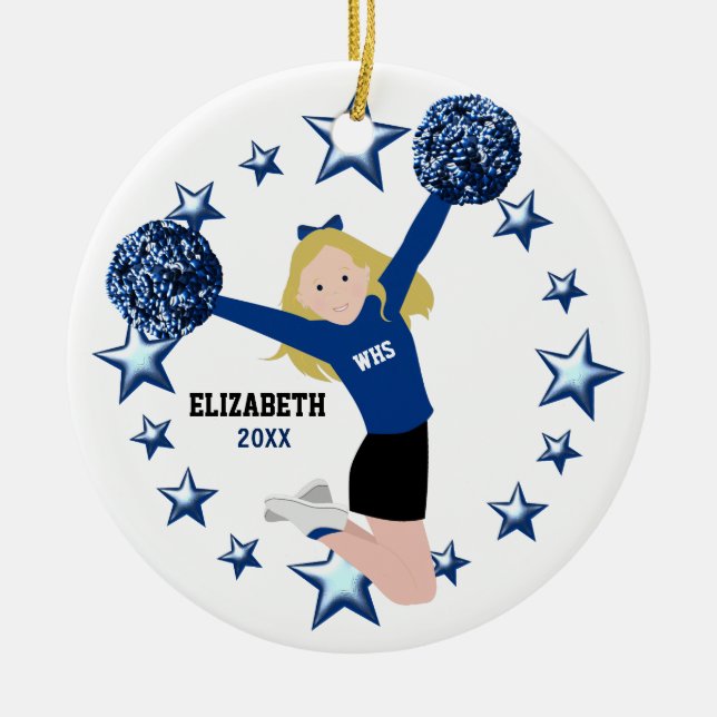 Blonde Cheerleader Pom Poms in Blue & Black Ceramic Ornament (Front)