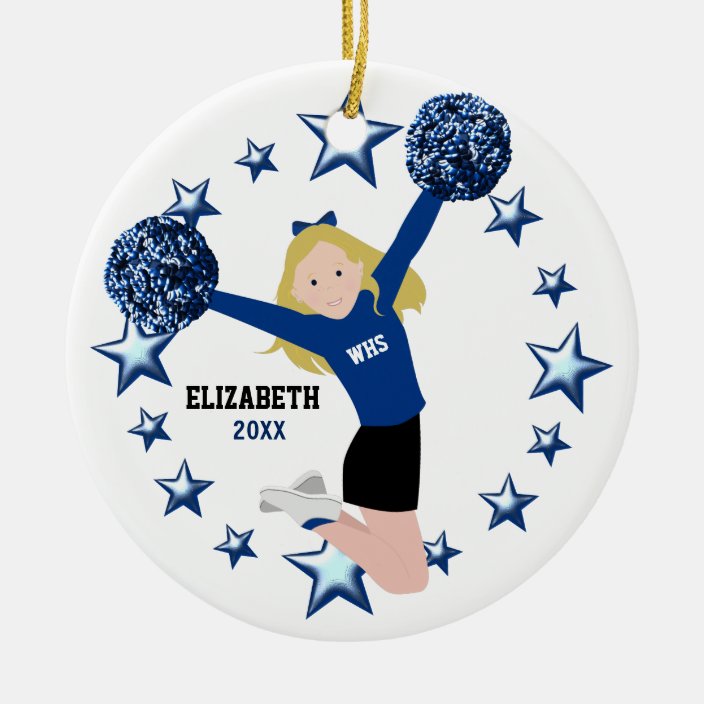 Blonde Cheerleader Pom Poms In Blue Black Ceramic Ornament Zazzle Com