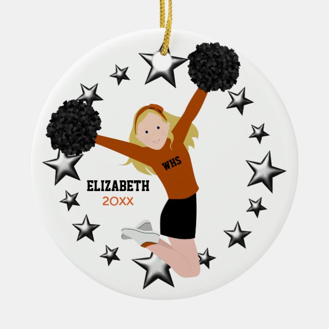 Blonde Cheerleader Pom Poms in Orange & Black Ceramic Ornament (Front)