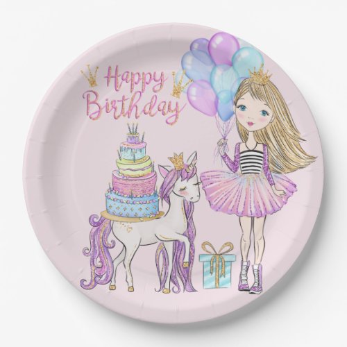 Blonde Cool Girl Modern Unicorn Princess Birthday Paper Plates