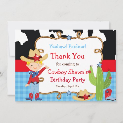 Blonde Cowboy Western Birthday Party Thank You Card
