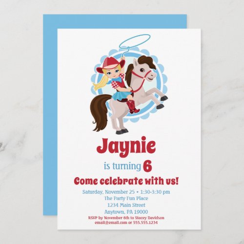 Blonde Cowgirl Horse Rodeo Birthday Party Invitation