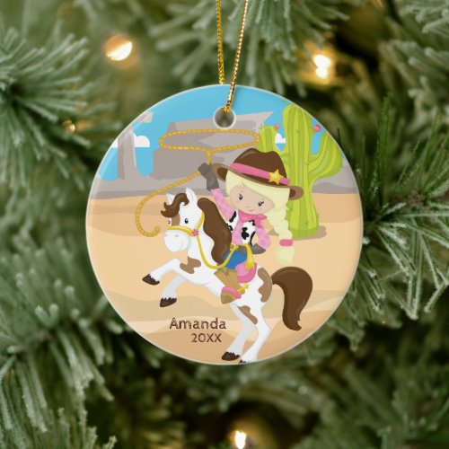 Blonde Cowgirl Horseback Girl Christmas Ornament