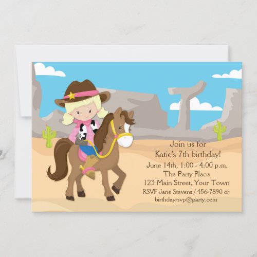 Blonde Cowgirl on Horse Birthday Invitation