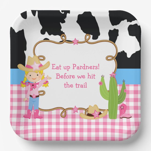 Blonde Cowgirl Western Birthday Party Paper Plates (Front)