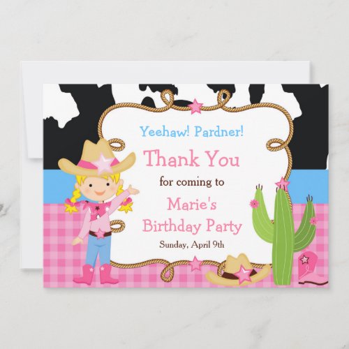 Blonde Cowgirl Western Birthday Party Thank You Card