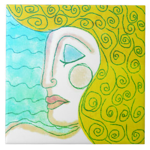 Blonde Curls Abstract Digital Painting of a Woman Ceramic Tile